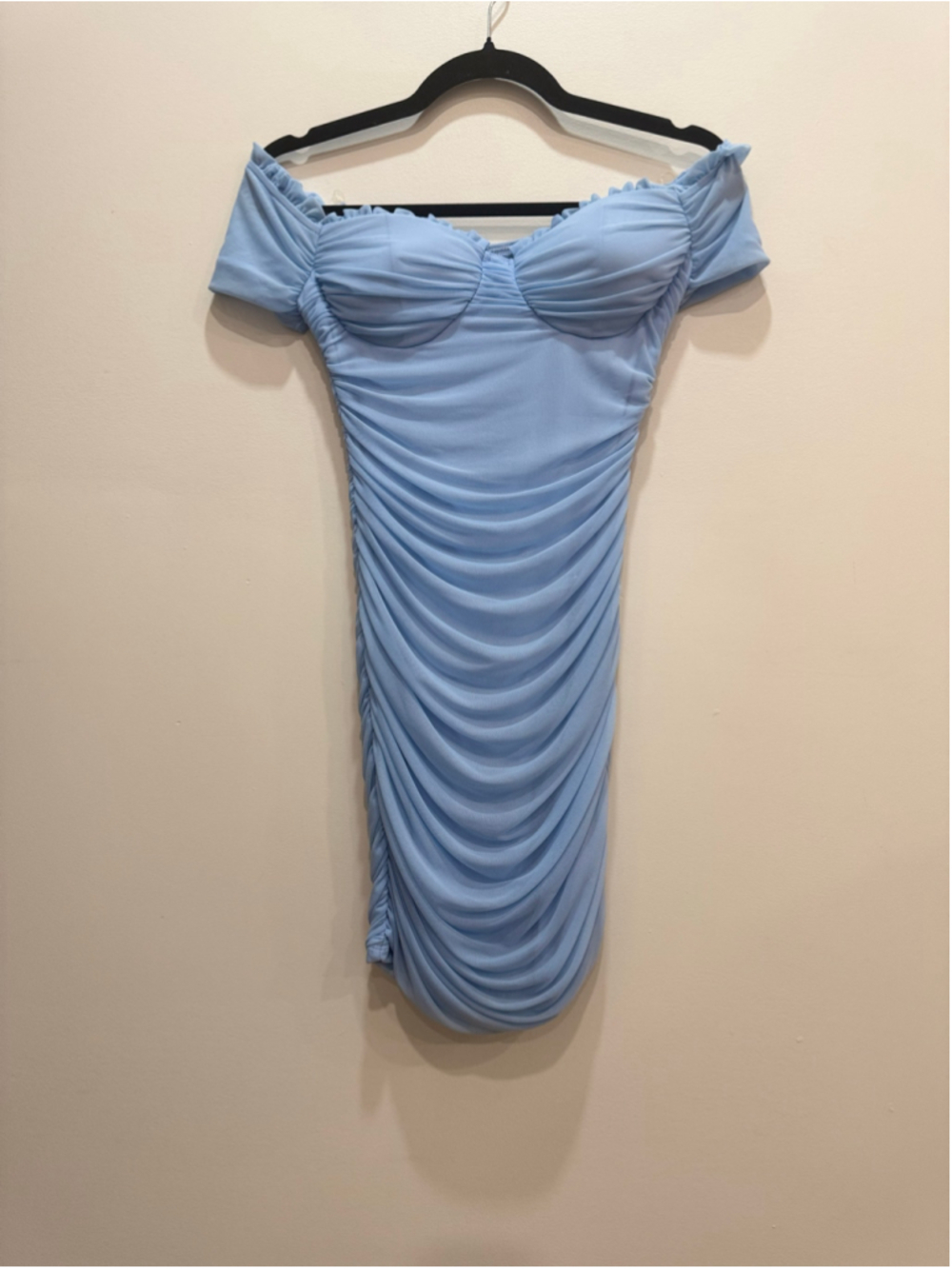 Windsor Light Blue Ruched Off-Shoulder Bardot Neckline Mini Dress S Coquette